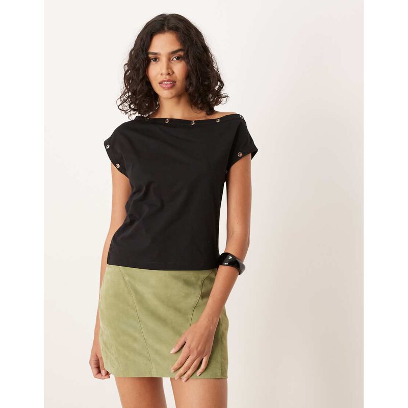 ASOS DESIGN short sleeve off shoulder t-shirt with ring stud