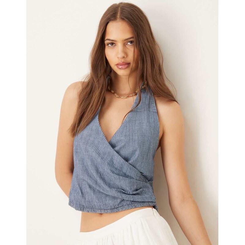 Mango cross body halter neck co-ord top in blue stripe 107577019
