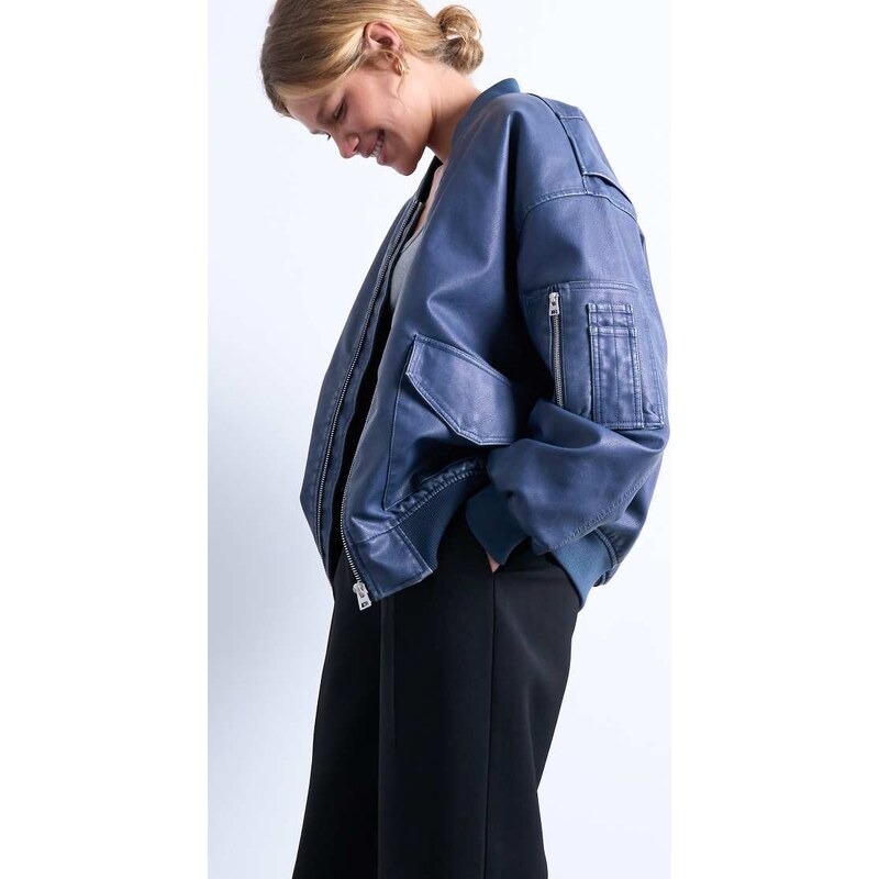 Topshop faux leather washed MA1 bomber jacket in denim blue 107680864