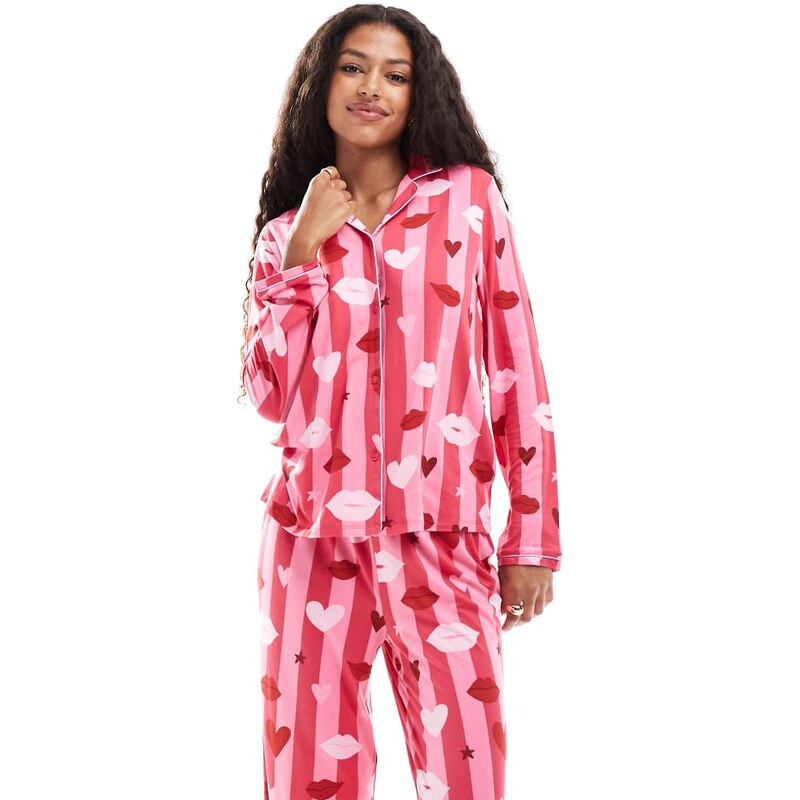 Urban Threads long sleeve revere and trouser set in pink heart