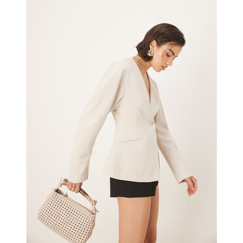 Gina Tricot cinch waist and sculpted sleeve blazer in light beige 107810537