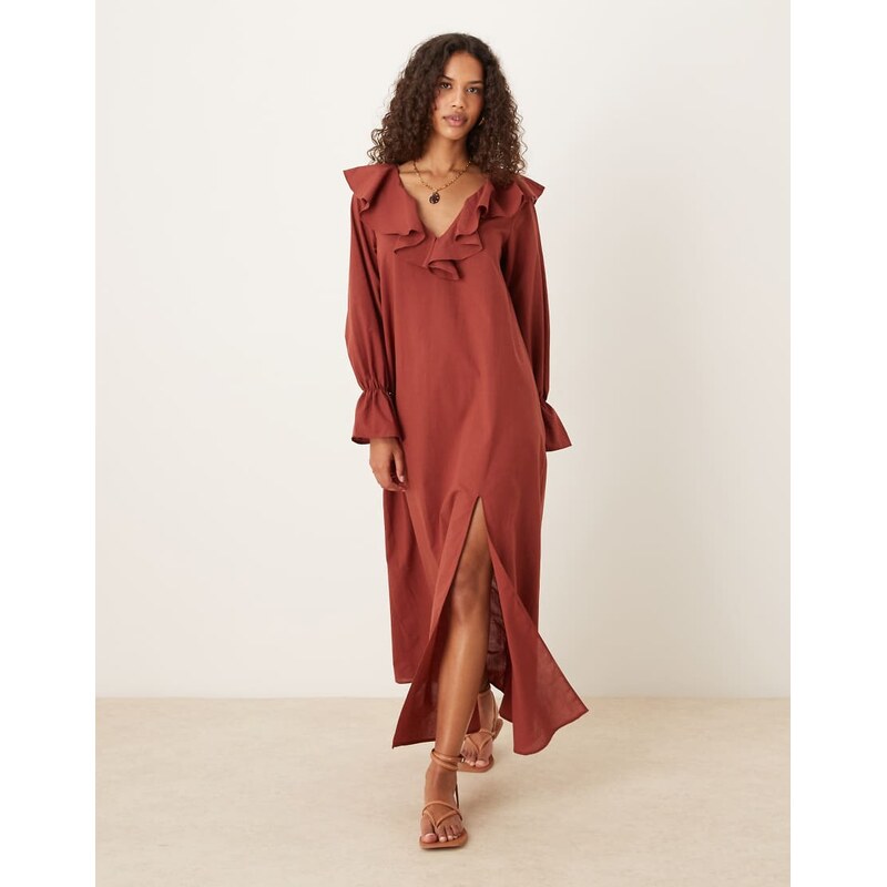 ASOS DESIGN v neck ruffle long sleeved maxi dress in brown