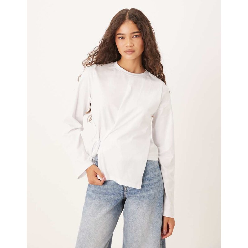 ASOS DESIGN wrap detail long sleeve top in white-Black