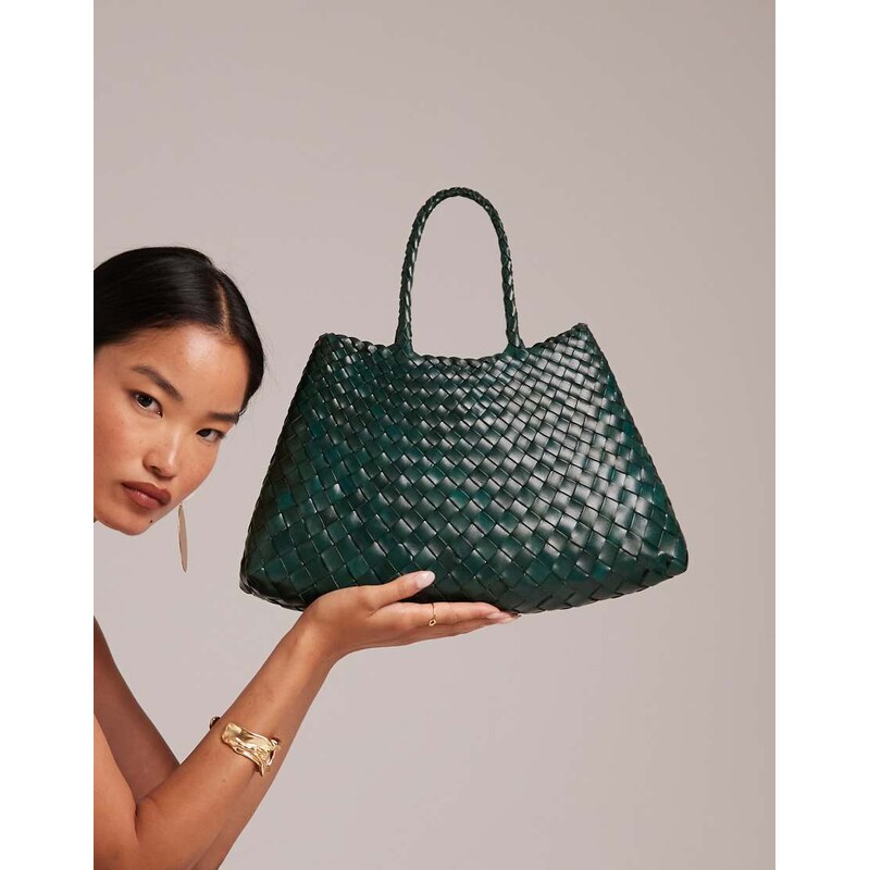 Dragon Diffusion Santa Croce small woven leather bag in dark green 107609239
