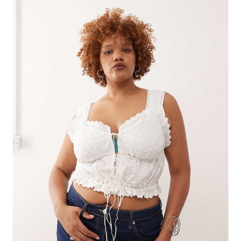 Noisy May Curve tie front broderie top in white 107610505