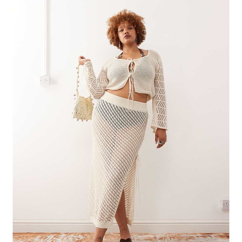 Noisy May Curve crochet tie detail maxi skirt co-ord in beige