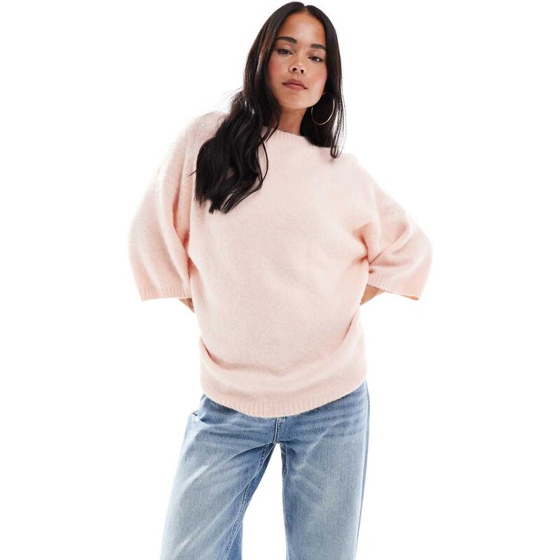 ASOS DESIGN knitted crew neck fluffy t shirt jumper in light