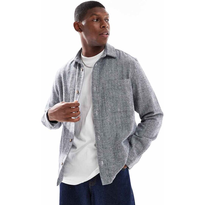ASOS DESIGN herringbone overshirt with patch pocket in navy