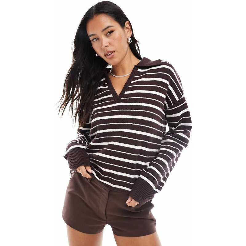 4th & Reckless knitted collared v neck rugby jumper in brown and cream 107610578