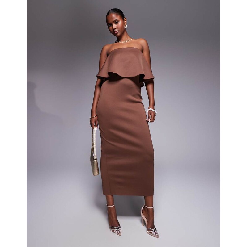 ASOS DESIGN bandeau peplum midi dress in chocolate in scuba