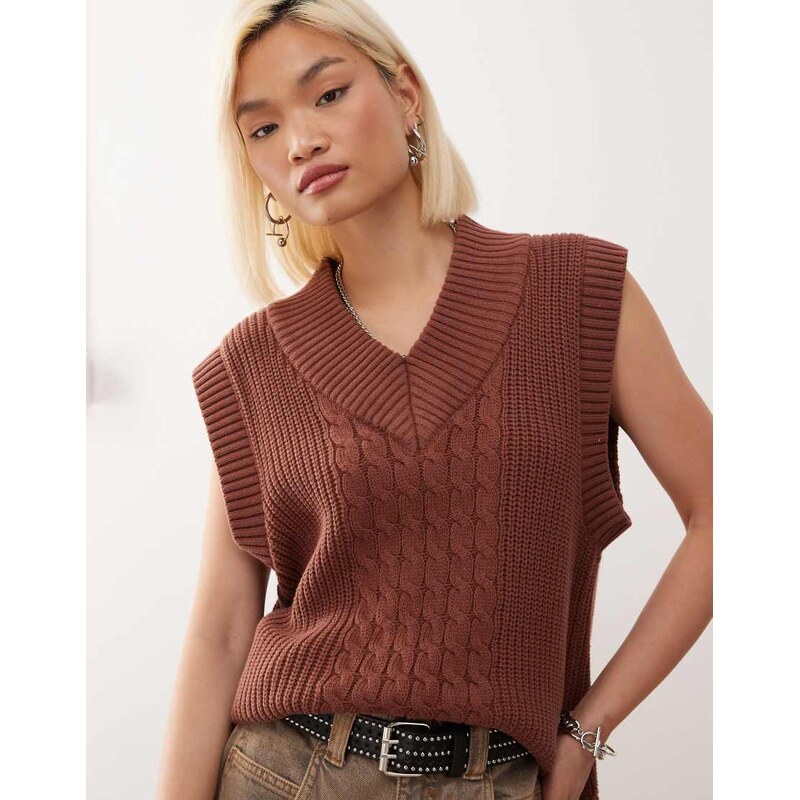 Monki knitted varsity jumper vest in chocolate brown