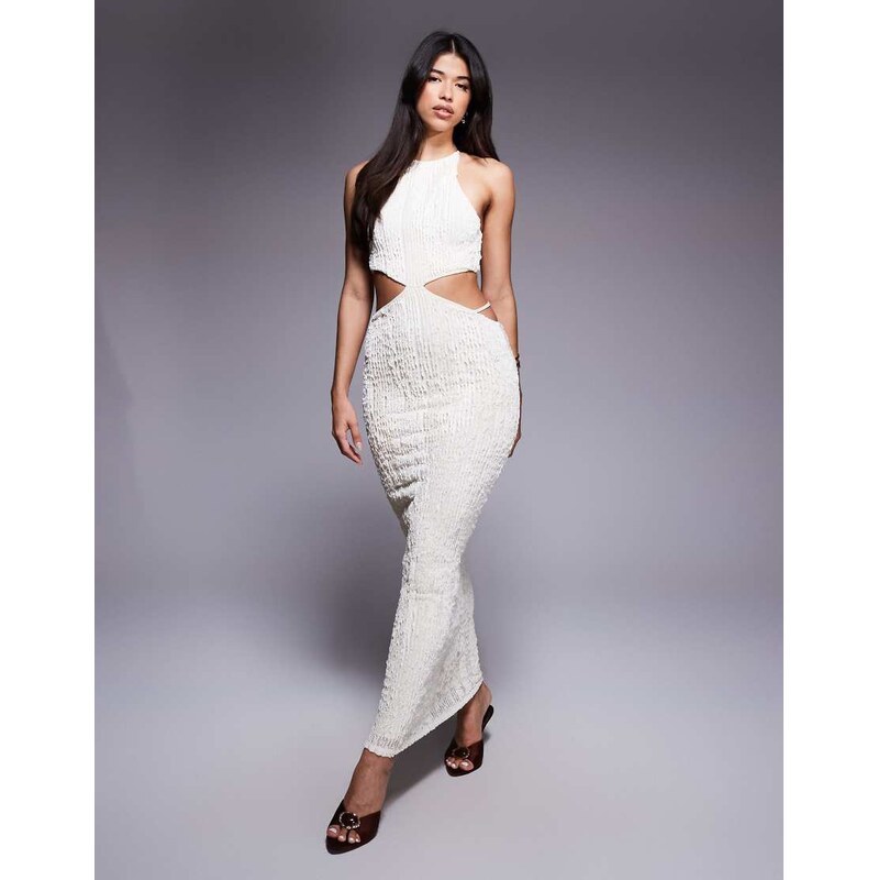 ASOS DESIGN textured maxi dress with cut outs in stone-Neutral