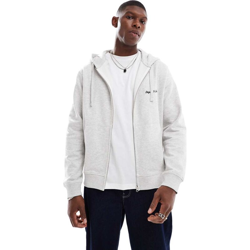 Jack & Jones zip through logo hoodie in light grey marl