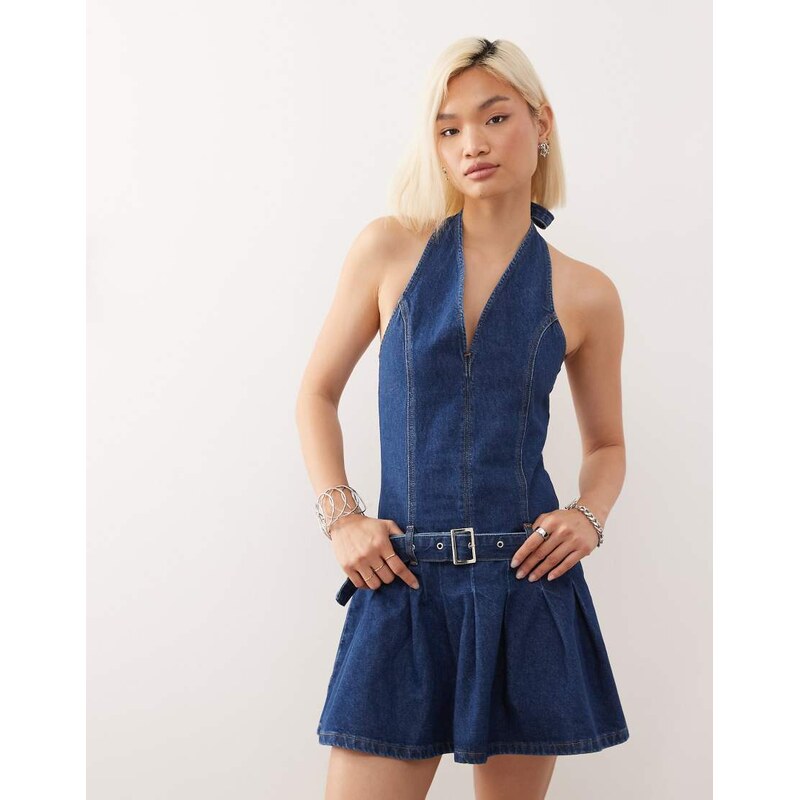 COLLUSION 90s denim halter mini dress with belt in blue 107908450