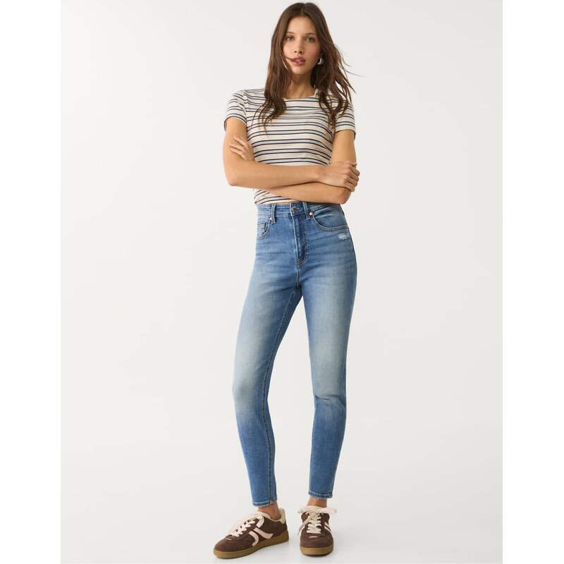 Stradivarius D09 skinny super high-waist jeans in washed bue-Navy 107610717