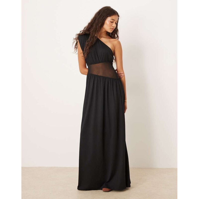 ASOS DESIGN one shoulder mesh panelled maxi dress in black