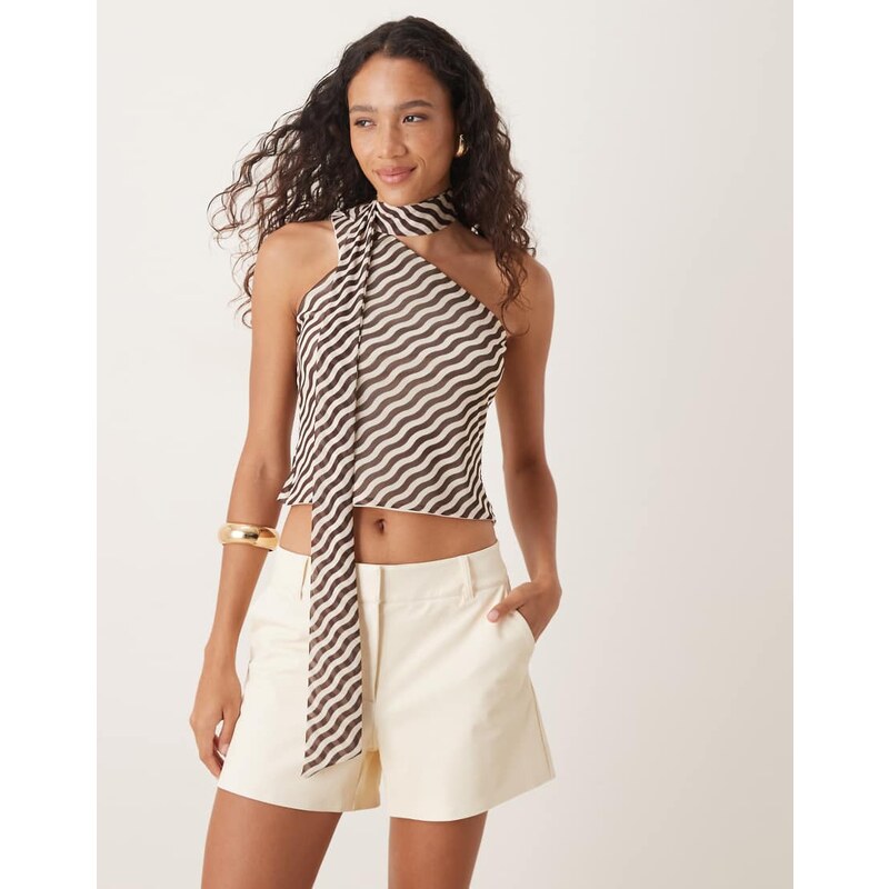 ASOS DESIGN mesh one shoulder scarf detail top in chocolate and