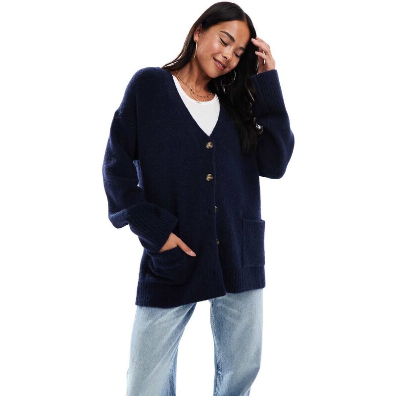 ASOS DESIGN fisherman rib boyfriend cardigan in navy 107610866