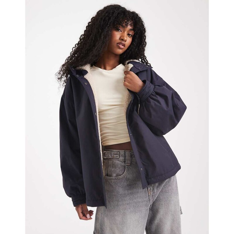 ASOS DESIGN oversized fleece lined rain coat in navy-Green
