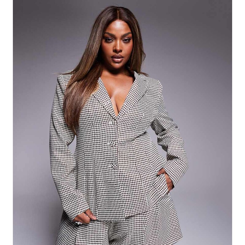 ASOS LUXE Curve co-ord houndstooth blazer with bow back in brown 107643542
