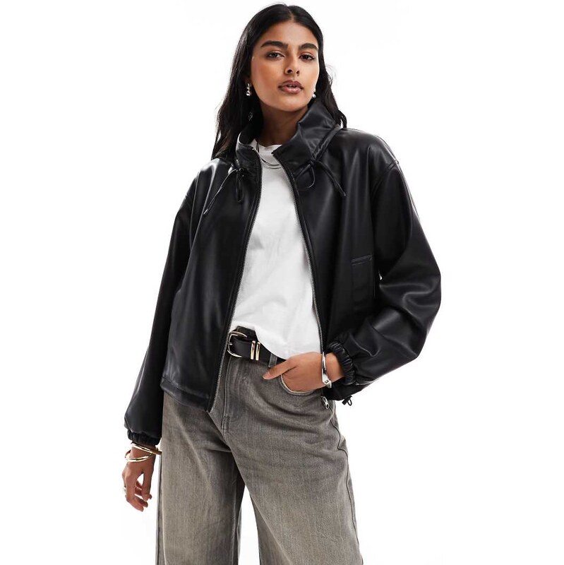 ASOS DESIGN leather look ruched funnel neck bomber jacket in black 107680872