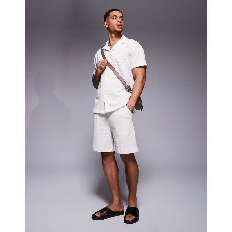 Sixth June waffle detail short co-ord in cream-White
