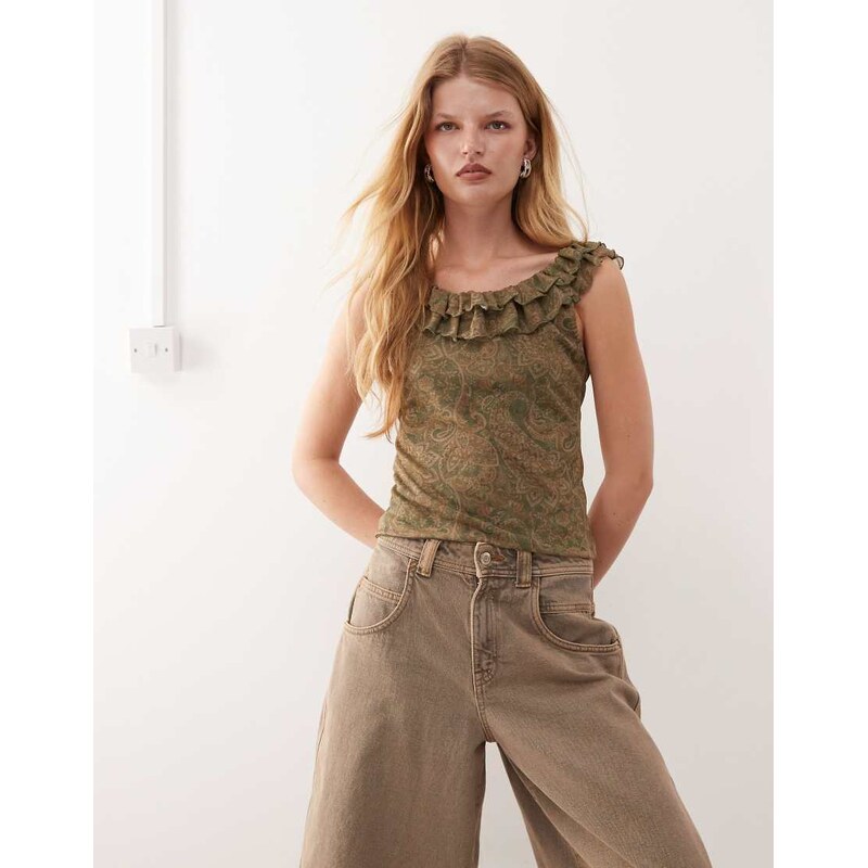 Reclaimed Vintage ruffle detail mesh paisley print top in green 107614089