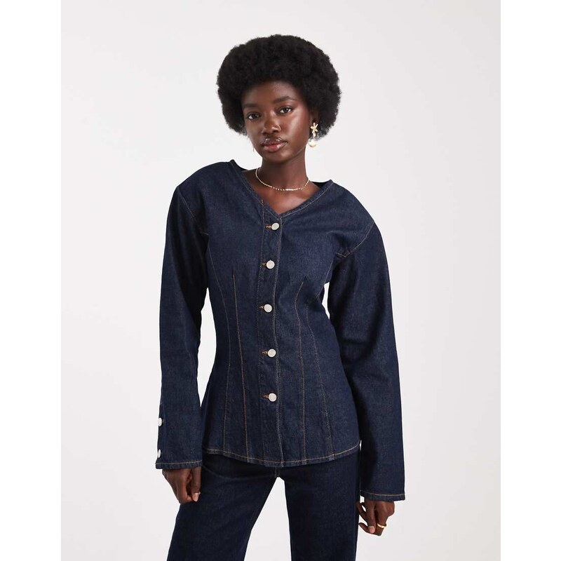 ASOS DESIGN denim high v neck cinch shirt with shoulder pads in