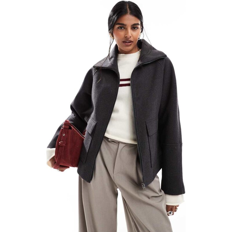 ASOS DESIGN formal pocket detail harrington coat in charcoal