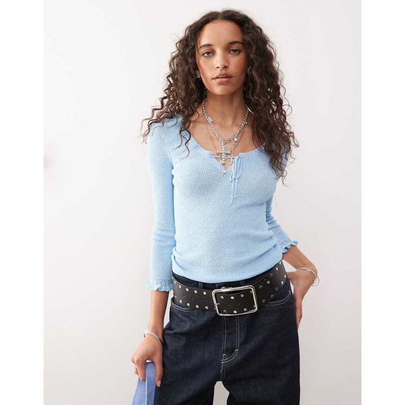 COLLUSION sheer knitted long sleeve top in baby blue 107624453