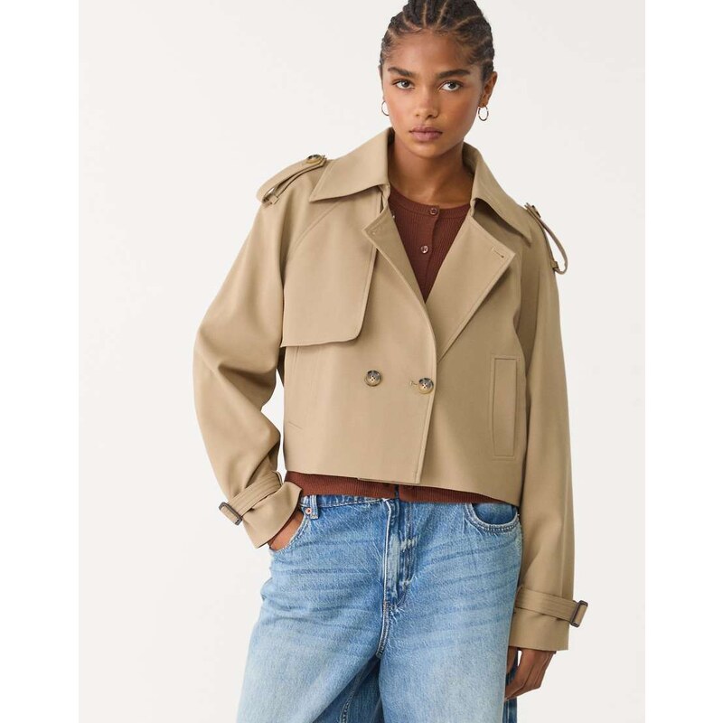 Stradivarius cropped tailored trench coat in khaki-Green