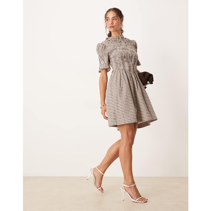 YAS check mini dress in cream-White 107624526