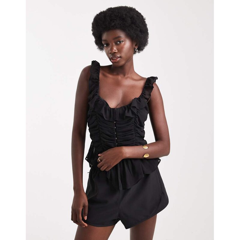 Miss Selfridge ruched detail frill cami in black-Brown