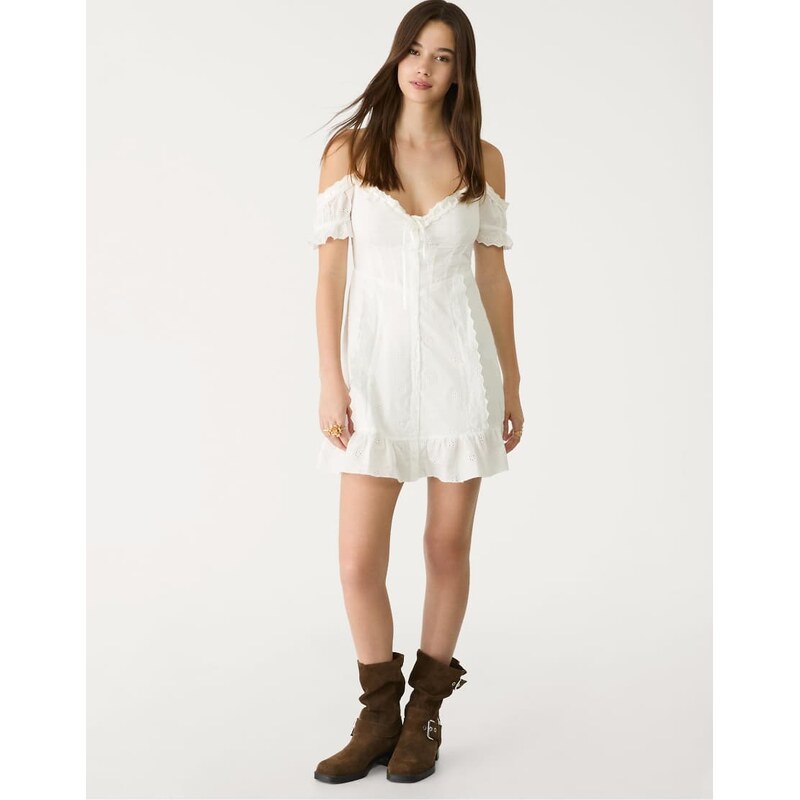 Stradivarius Short flowing embroidered dress in white 115723159