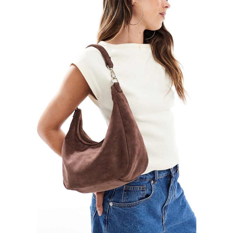 PASQ faux suede slouch shoulder and crossbody bag in cocoa brown