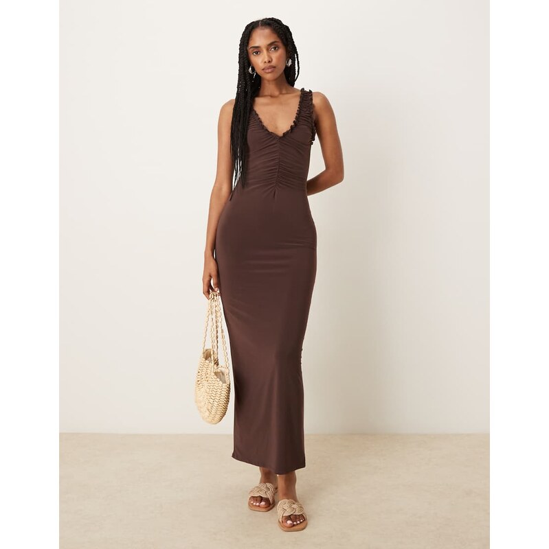 ASOS DESIGN sleeveless ruched neckline midi dress in chocolate