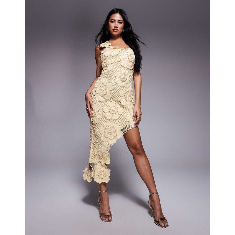 ASOS LUXE embellished 3D floral asymmetric midi dress in buttermilk 108018337