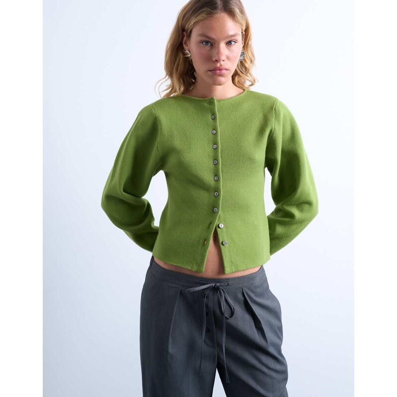 Topshop knitted compact balloon sleeve cardigan in green