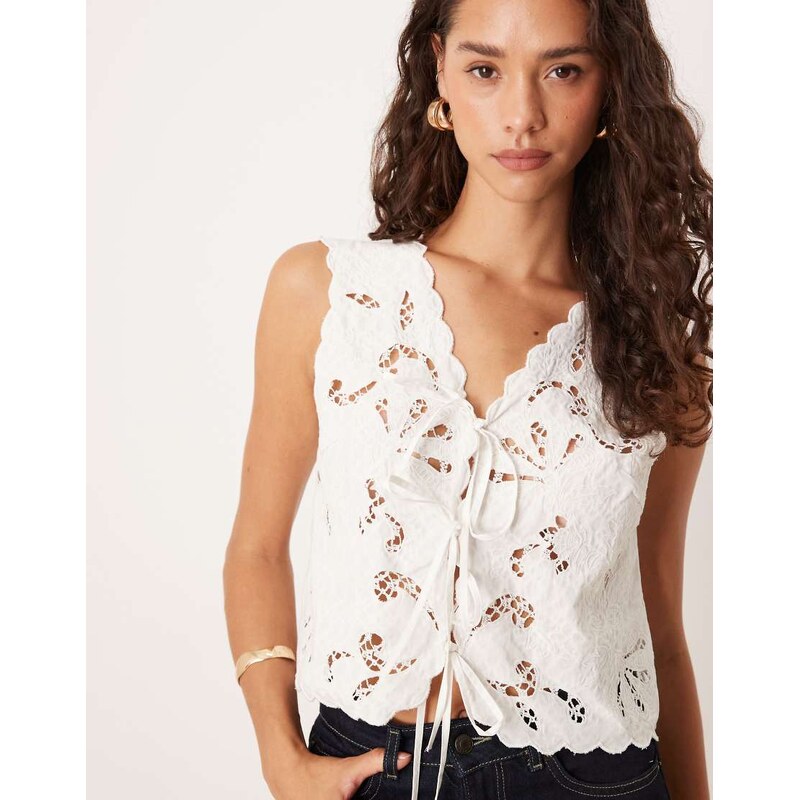 YAS embroidered tie front vest in white