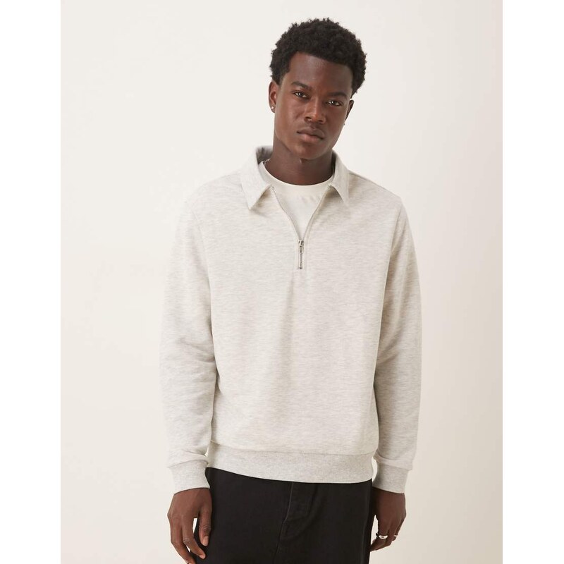 ASOS DESIGN loopback sweatshirt with zip in stone-Neutral