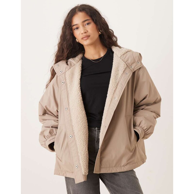 ASOS DESIGN oversized fleece lined rain coat in oatmeal-Black