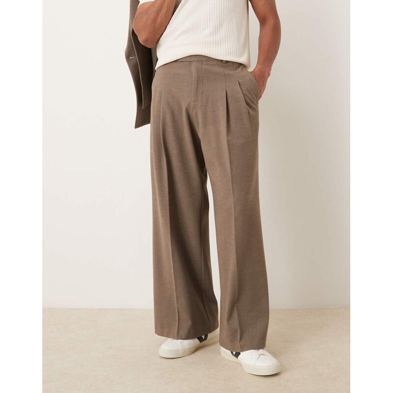 ASOS DESIGN loose leg suit trousers in beige texture-Neutral