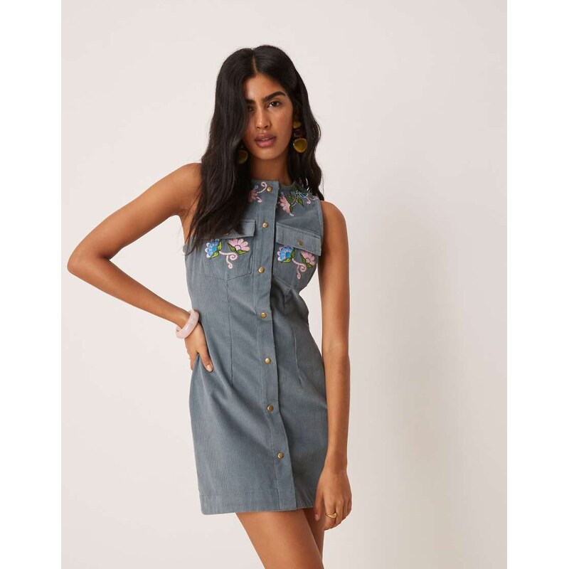ASOS DESIGN cord embroidered mini dress in blue-Neutral