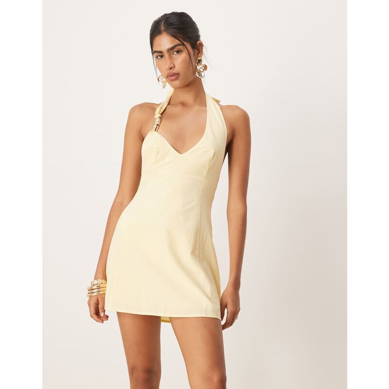 SNDYS linen look metal detail halterneck a line mini dress in lemon 107632433