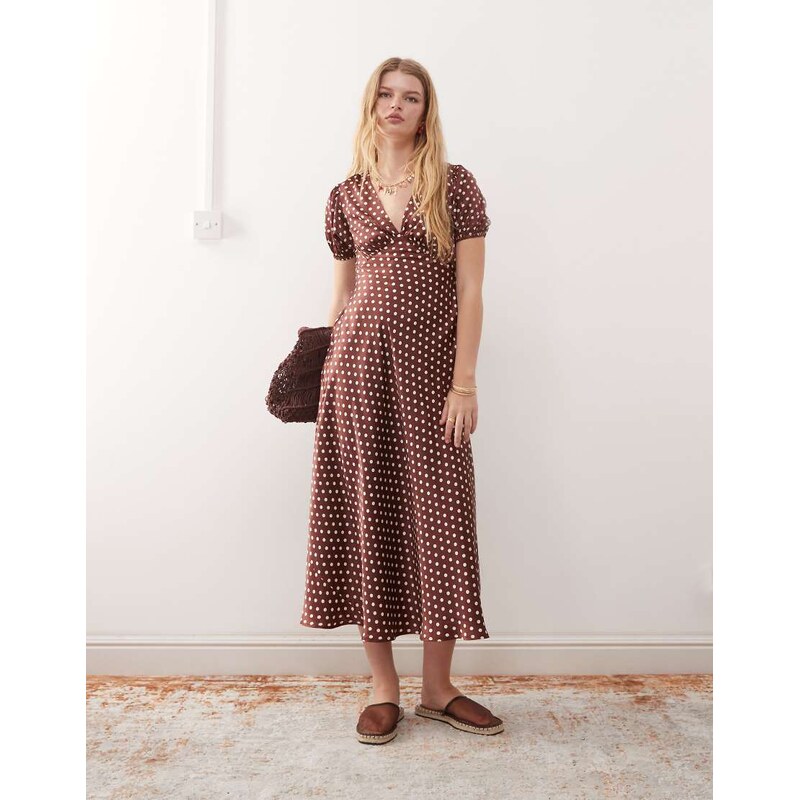 Reclaimed Vintage midi tea dress with puff sleeve and cross back in 107721668