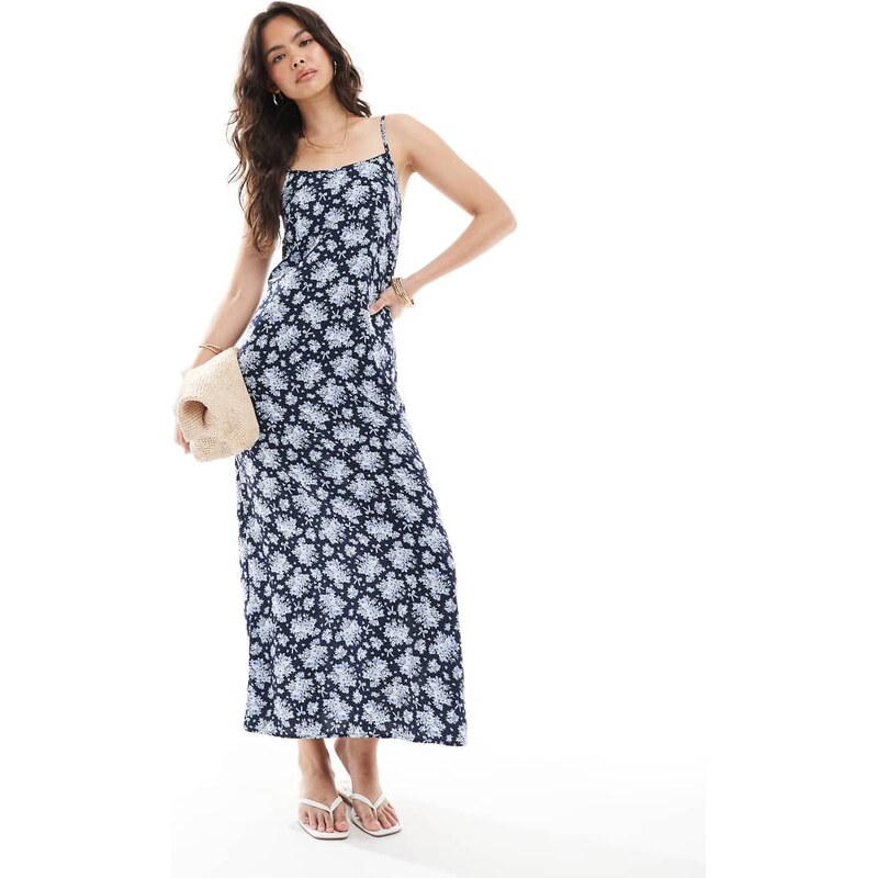Miss Selfridge strappy scoop neck maxi slip dress in blue bow