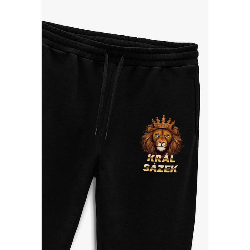 Tepláky Jogger , Barva Černá, s Potiskem Král Sázek