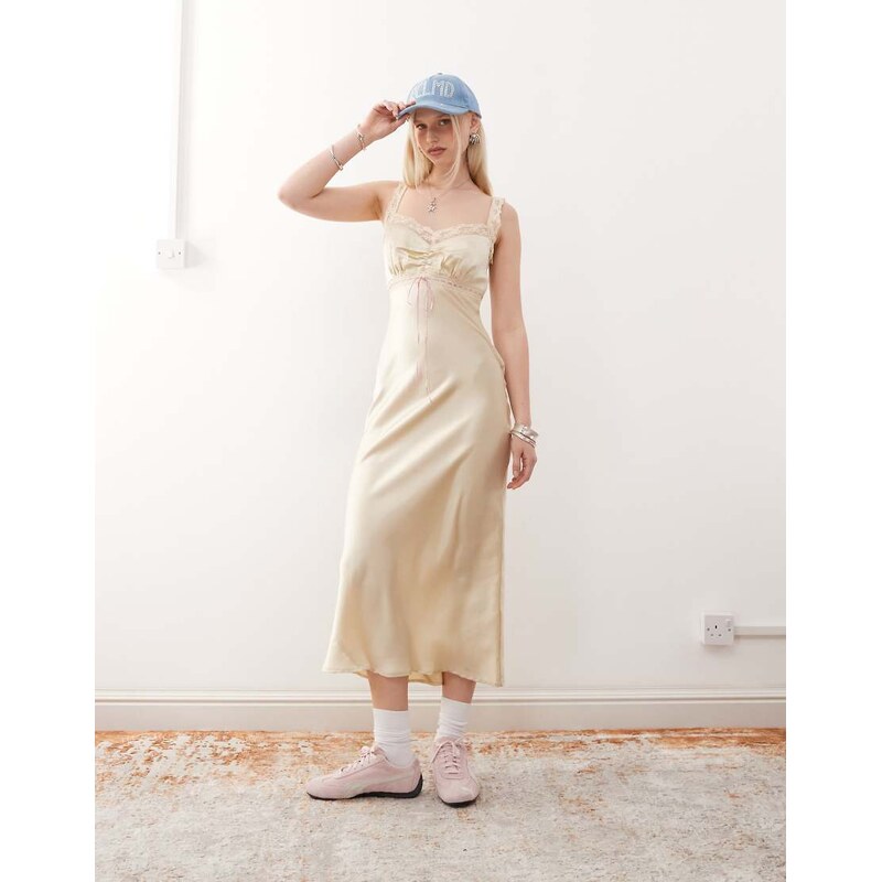 Reclaimed Vintage maxi slip dress with contrast pink trim in cream 107703679