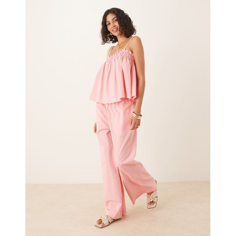 ASOS DESIGN shirred waist pull on trousers co-ord in pink-White