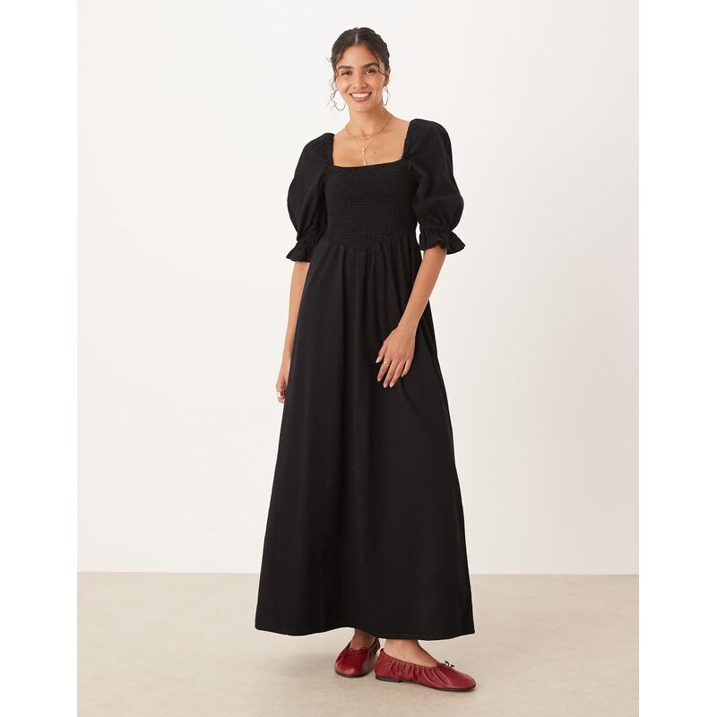 ASOS DESIGN soft denim puff sleeve midi dress with shirring in